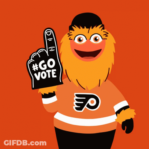 A Philadelphia Flyers Mascot Holds A Go Vote Foam Finger GIF