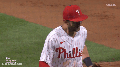 A Phillies Baseball Player Wearing A Red P Hat GIF