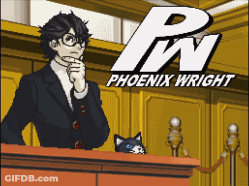 A Phoenix Wright Poster With A Man And A Cat On It GIF