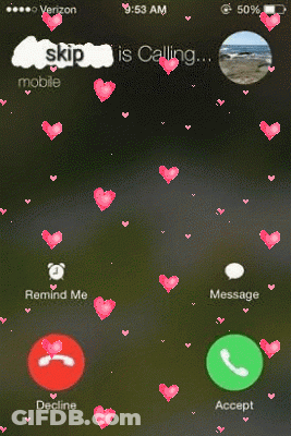 A Phone Screen With Hearts And The Words Skip Is Calling GIF