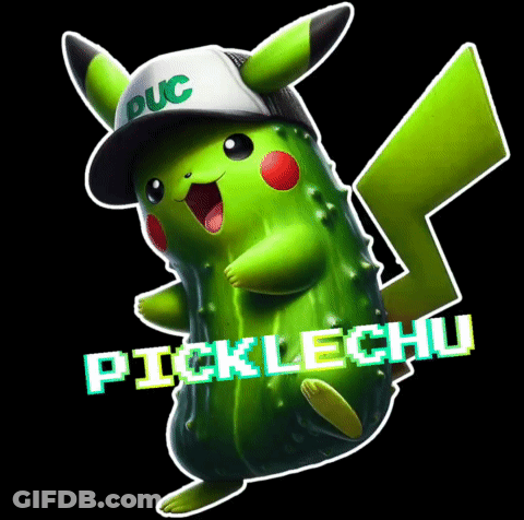 A Pickle Shaped Pikachu Wearing A Hat That Says Duc GIF