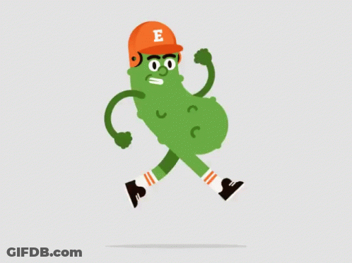 A Pickle Wearing An Orange Hat With The Letter E On It Is Running GIF