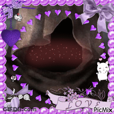 A Picture Frame With Purple Hearts And The Word Love On The Bottom GIF