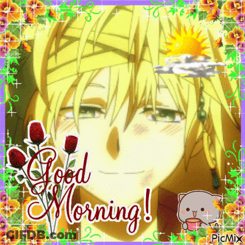 A Picture Of A Anime Character With The Words Good Morning Written On The Bottom GIF