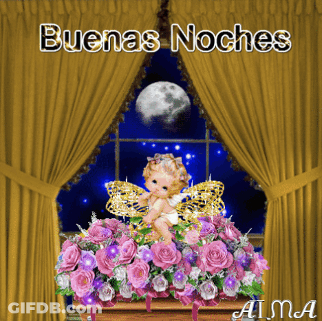 A Picture Of A Baby Angel Sitting In A Vase Of Flowers With The Words Buenas Noches GIF