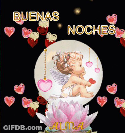 A Picture Of A Baby Angel Surrounded By Hearts And The Words Buenas Noches GIF