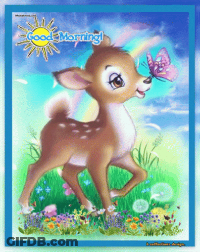 A Picture Of A Baby Deer With A Butterfly On Its Nose And The Words Good Morning GIF