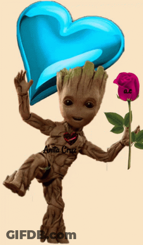 Baby Groot Holding Rose And Blue Heart GIF