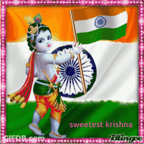 A Picture Of A Baby Krishna Holding A Flag With The Words Sweetest Krishna Below It GIF