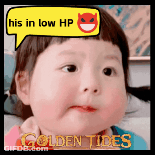 A Picture Of A Baby With A Speech Bubble That Says His In Low Hp GIF