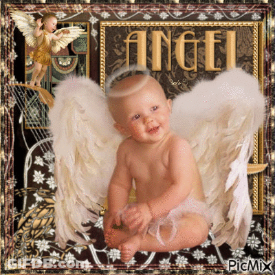A Picture Of A Baby With Angel Wings And The Word Angel Written In Gold GIF