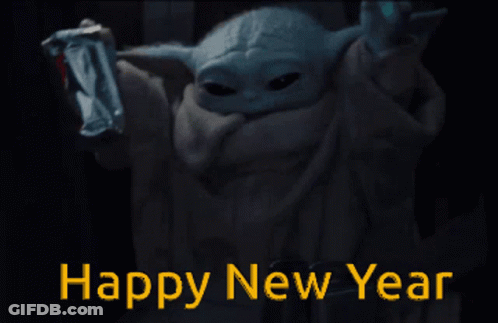 A Picture Of A Baby Yoda With The Words Happy New Year Written Below It GIF