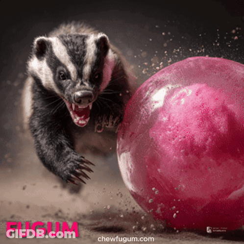 A Picture Of A Badger Playing With A Pink Ball That Says Fugum On The Bottom GIF
