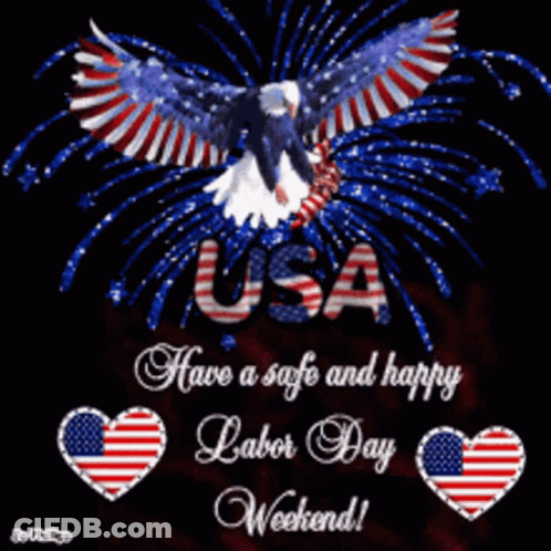 A Picture Of A Bald Eagle With Fireworks Behind It And The Words " Have A Safe And Happy Labor Day Weekend " GIF