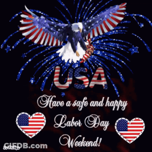 A Picture Of A Bald Eagle With Fireworks Behind It And The Words " Have A Safe And Happy Labor Day Weekend " GIF
