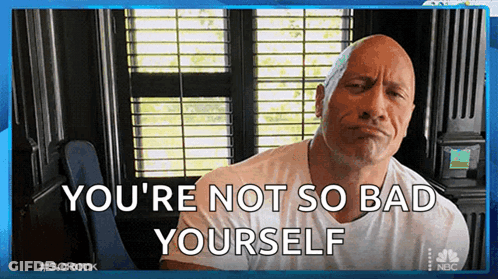 A Picture Of A Bald Man With The Words " You 'Re Not So Bad Yourself " On It GIF