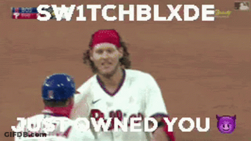 A Picture Of A Baseball Player With The Words Switchblade Just Owned You Above Him GIF