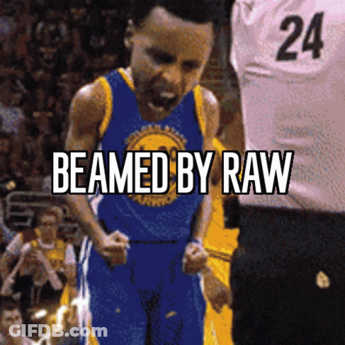 A Picture Of A Basketball Player With The Words " Beamed By Raw " Below Him GIF