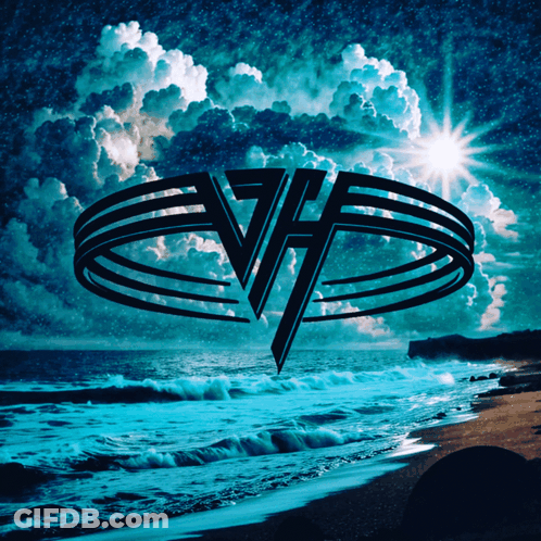 A Picture Of A Beach With A Van Halen Logo GIF