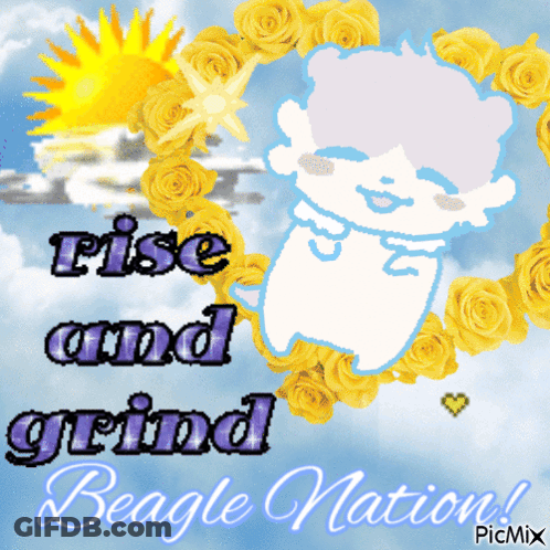 A Picture Of A Beagle With The Words Rise And Grind GIF
