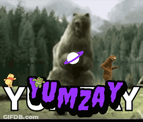 A Picture Of A Bear Holding A Planet With The Word Yumzay In The Corner GIF