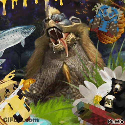 A Picture Of A Bear Surrounded By Fish And Flowers Has The Word Picmix On The Bottom GIF