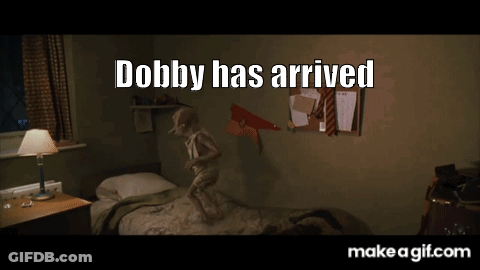 A Picture Of A Bedroom With The Words Dobby Has Arrived Above A Bed GIF