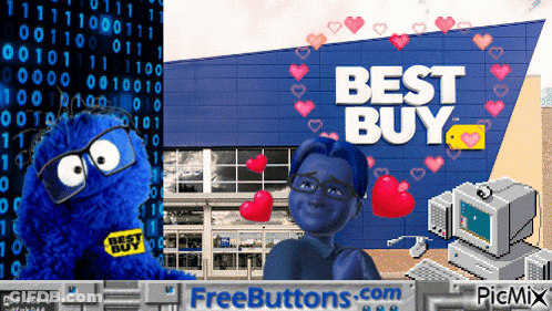 A Picture Of A Best Buy Store And A Picture Of A Cookie Monster GIF