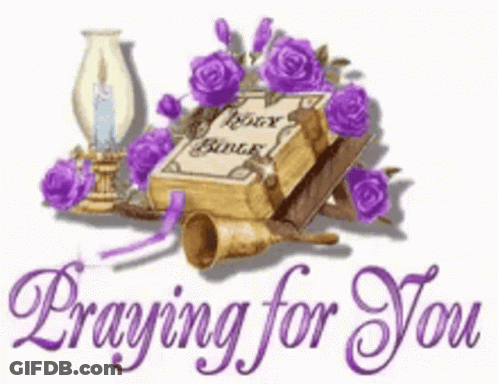 A Picture Of A Bible Surrounded By Purple Roses With The Words Praying For You Below It GIF