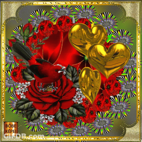 A Picture Of A Bird Surrounded By Red Roses And Gold Hearts With The Caption Bobe Kepi GIF