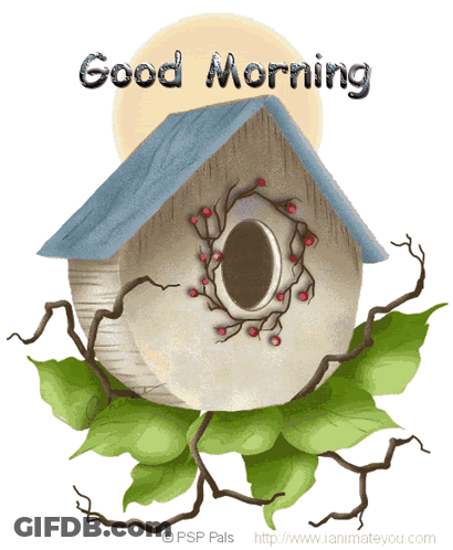 A Picture Of A Birdhouse With The Words Good Morning Written On It GIF