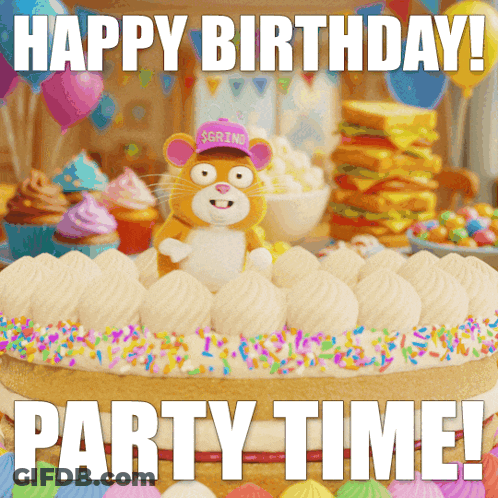 A Picture Of A Birthday Cake With The Words Happy Birthday Party Time Written Below It GIF
