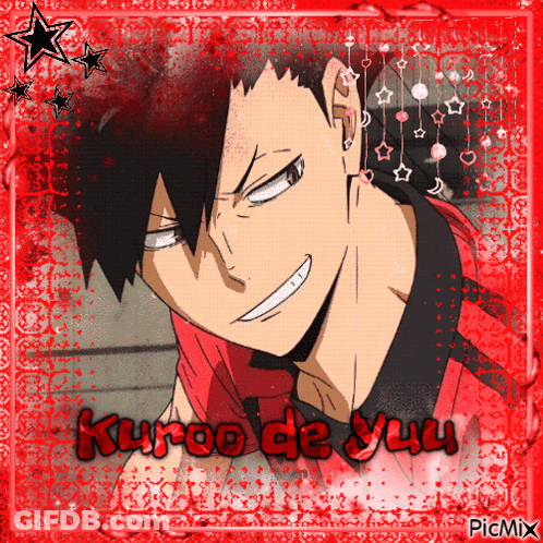 A Picture Of A Black Haired Anime Character With The Name Kuroo De Yuu On It GIF