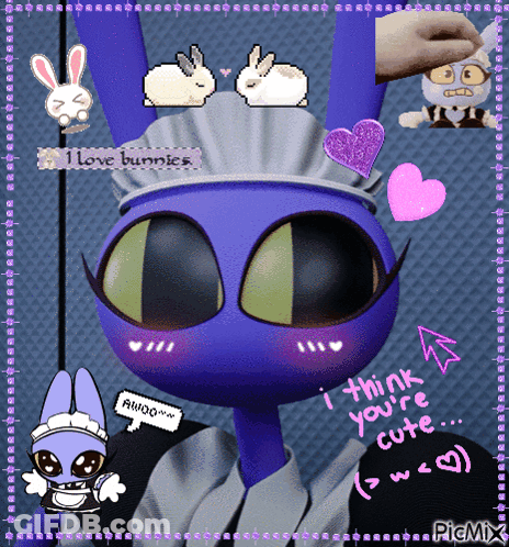 A Picture Of A Blue Bunny With A Hat That Says I Love Bunnies On It GIF