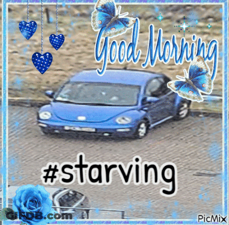 A Picture Of A Blue Car With The Words Good Morning Starving GIF