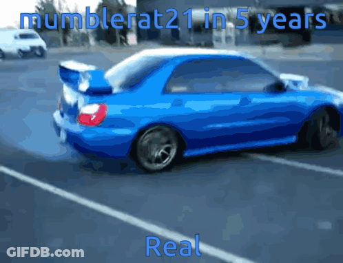 A Picture Of A Blue Car With The Words Mubblerat21 In 5 Years GIF