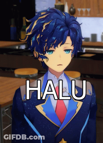 A Picture Of A Blue Haired Anime Character With The Word Halu Written On It GIF