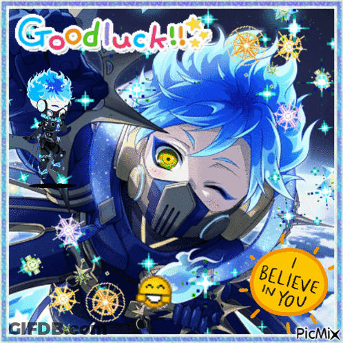 A Picture Of A Blue Haired Anime Character With The Words " Good Luck " Written On It GIF