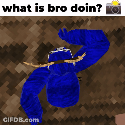 A Picture Of A Blue Monster With The Words " What Is Bro Doin " Above It GIF