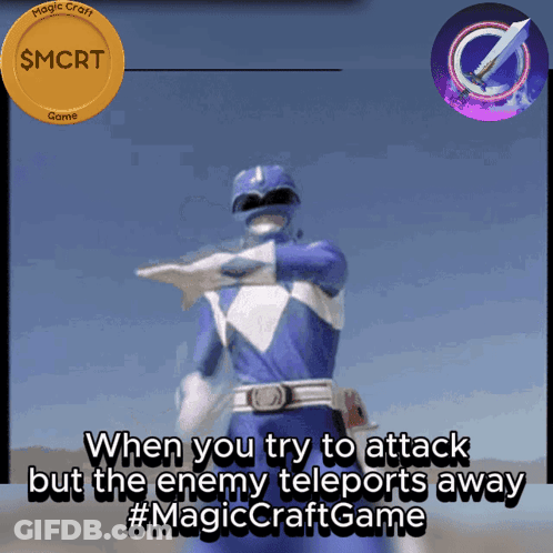 A Picture Of A Blue Power Ranger With The Words " When You Try To Attack But The Enemy Teleports Away " GIF