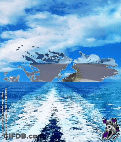 A Picture Of A Boat In The Ocean With A Map Of Argentina On The Background GIF