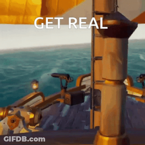 A Picture Of A Boat In The Ocean With The Words " Get Real " Above It GIF