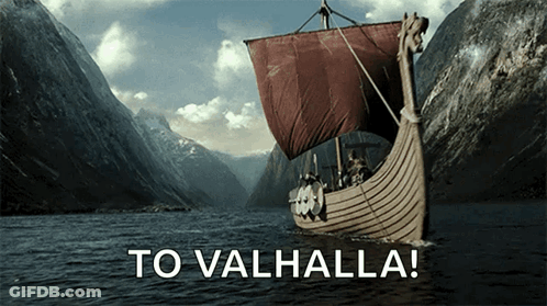A Picture Of A Boat In The Water With The Words To Valhalla GIF
