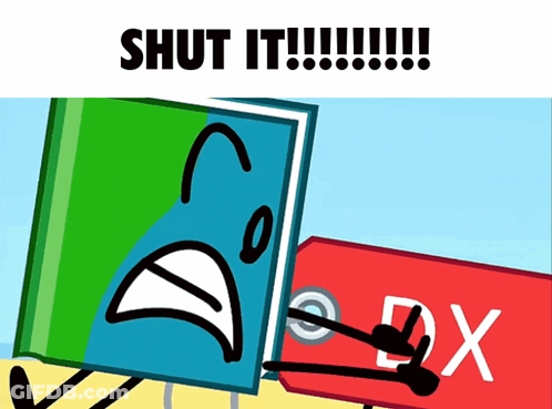 A Picture Of A Book And A Sign That Says " Shut It !!! " GIF