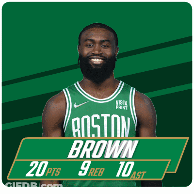 A Picture Of A Boston Brown Basketball Player With A Score Of 20 Pts 9 Reb 10 Ast GIF