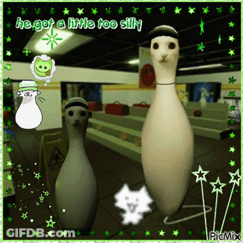 A Picture Of A Bowling Alley With A Caption That Says He Got A Little Too Silly GIF