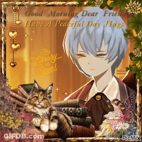 A Picture Of A Boy And A Cat With The Caption " Good Morning Dear Friend " GIF