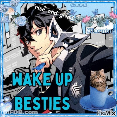 A Picture Of A Boy And A Cat With The Words Wake Up Besties On It GIF