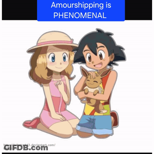 A Picture Of A Boy And A Girl Holding An Eevee GIF