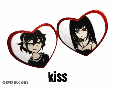 A Picture Of A Boy And A Girl In Heart Shaped Glasses With The Word Kiss Below Them GIF